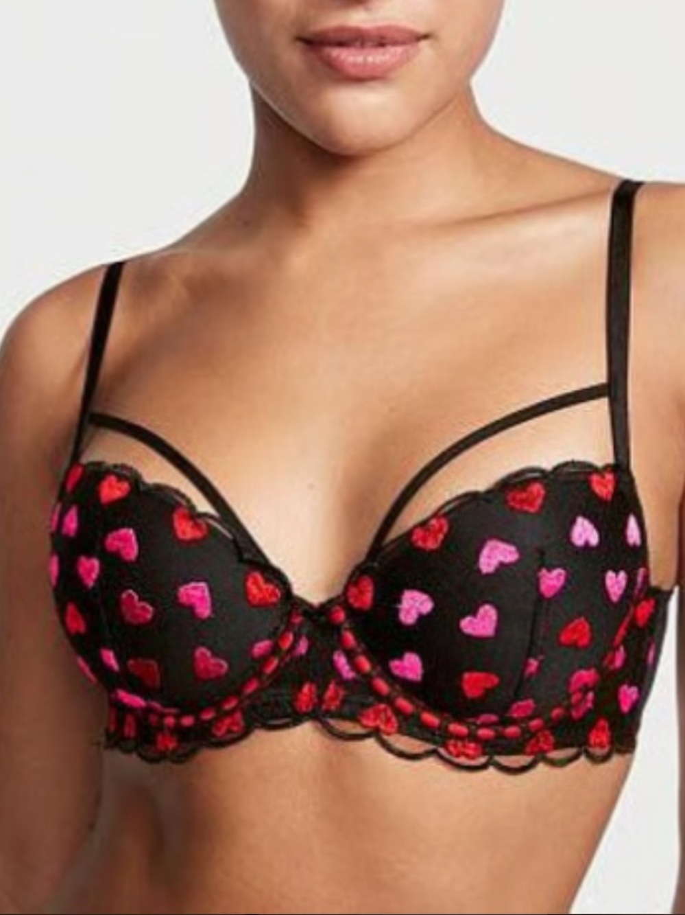 Victoria's Secret Dream Angles Heart Embroidered Lined Bra Red Black Size 38D